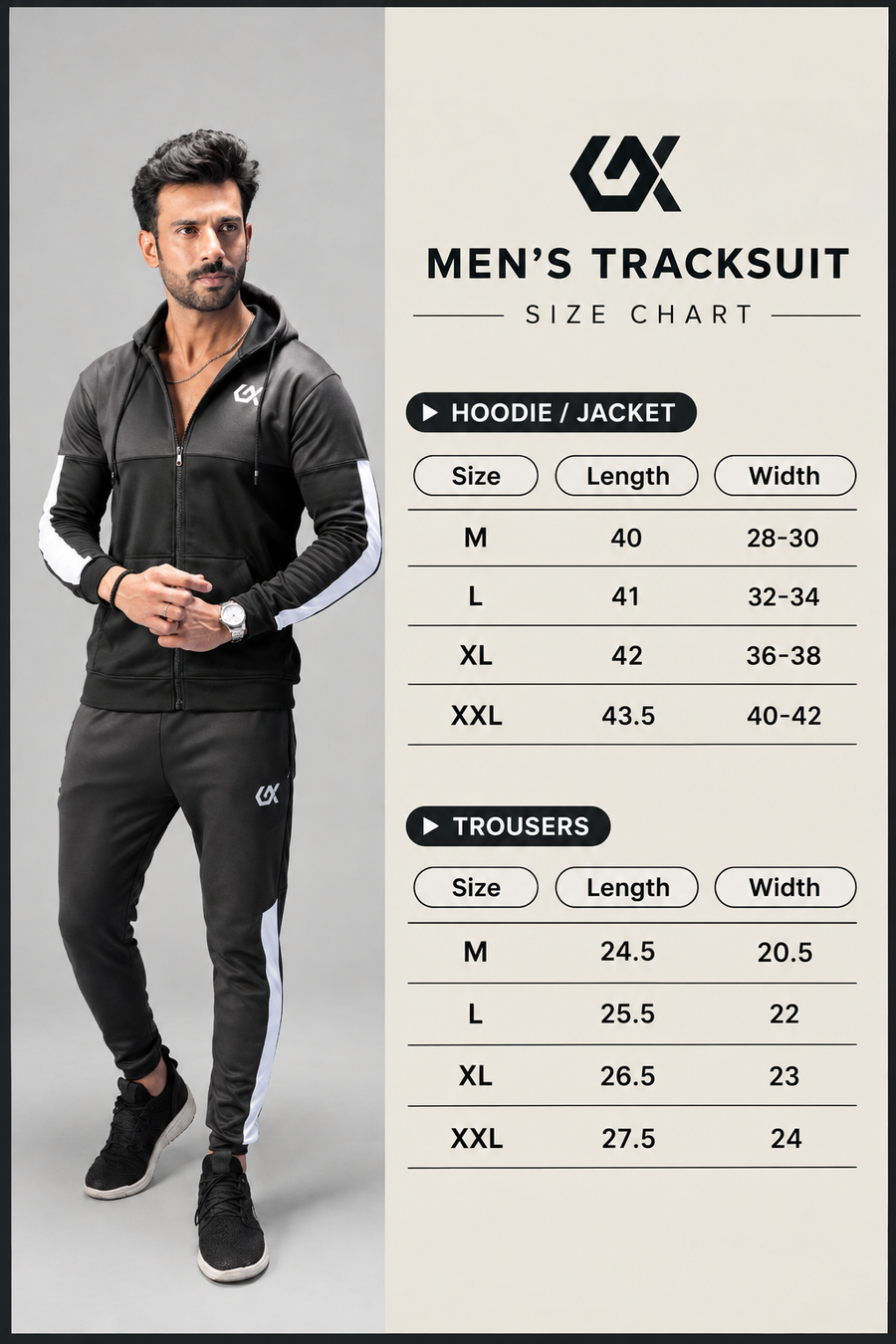 Onyx Gray Flexible Track suit Size Chart